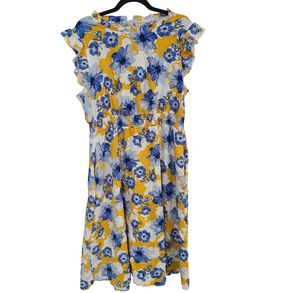 Bloomchic Yellow Blue Floral Smocked‎ Midi Dress Ruffle Sleeve Plus Size 14-16